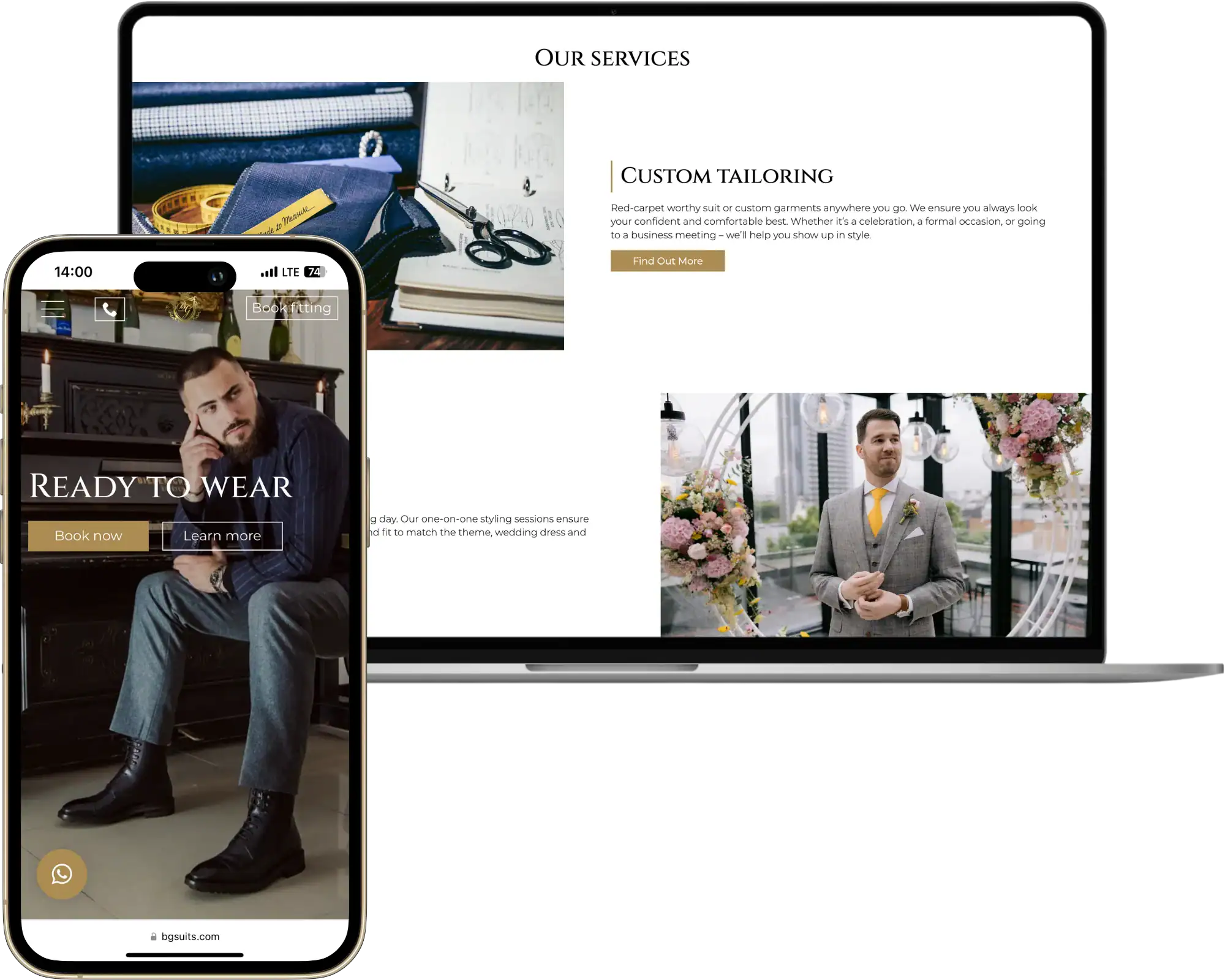 BG Kostymer Webbplatsutveckling UI UX design Analytics setup quo build portfolio desktop phone view