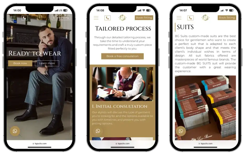 BG Kostymer Webbplatsutveckling UI UX design Analytics setup quo build portfolio telefonvy