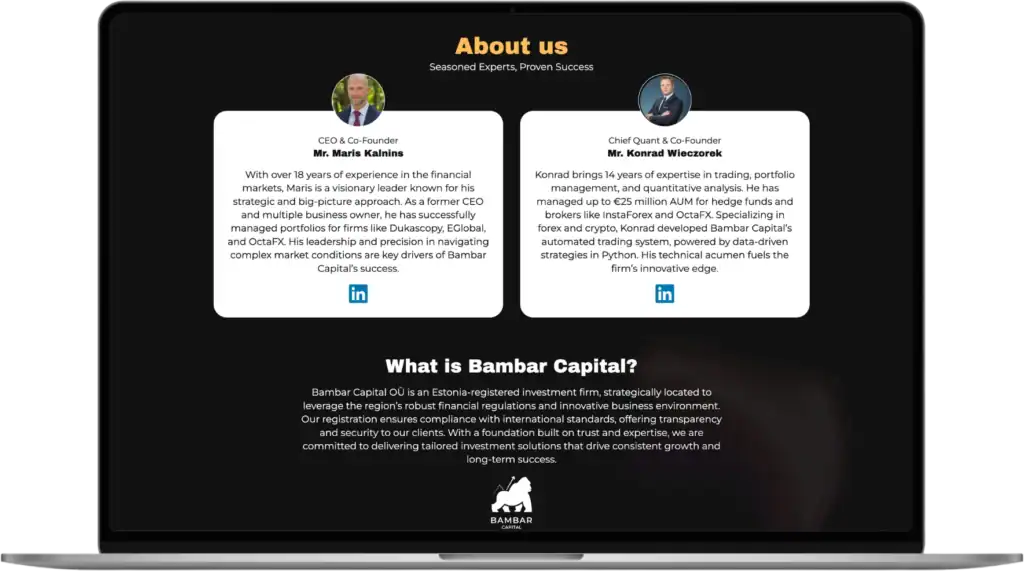 Bambar Capital UI UX design Webbplatsutveckling Strategiutveckling quo build portfolio desktop view