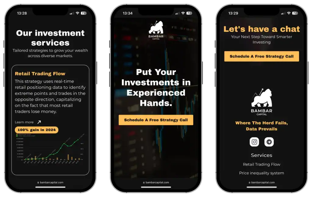Bambar Capital UI UX design Webbplatsutveckling Strategiutveckling quo build portfolio telefon visa