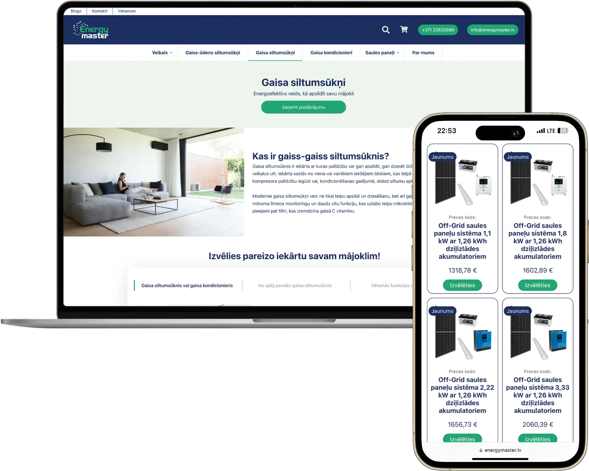 Energymaster Online butiksutveckling Avancerade anpassade fält UI UX design quo build portfolio desktop phone view