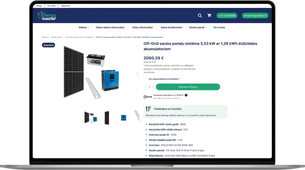 Energymaster Utveckling av webbutik Avancerade anpassade fält UI UX design quo build portfolio desktop view