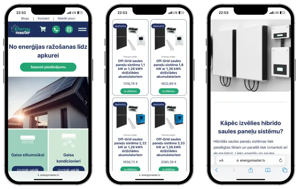 Energymaster Online butiksutveckling Avancerade anpassade fält UI UX design quo build portfolio telefonvy