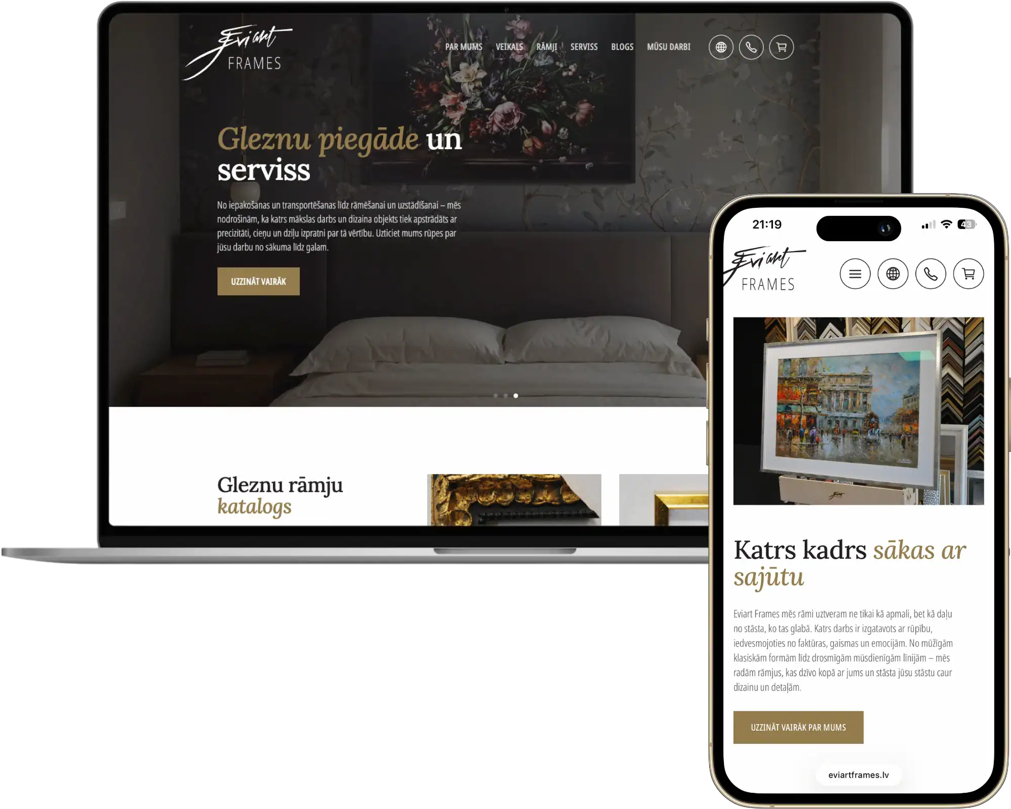 Eviart frames UI UX design Anpassad utveckling Strategi SEO-optimering quo build portfolio desktop phone view