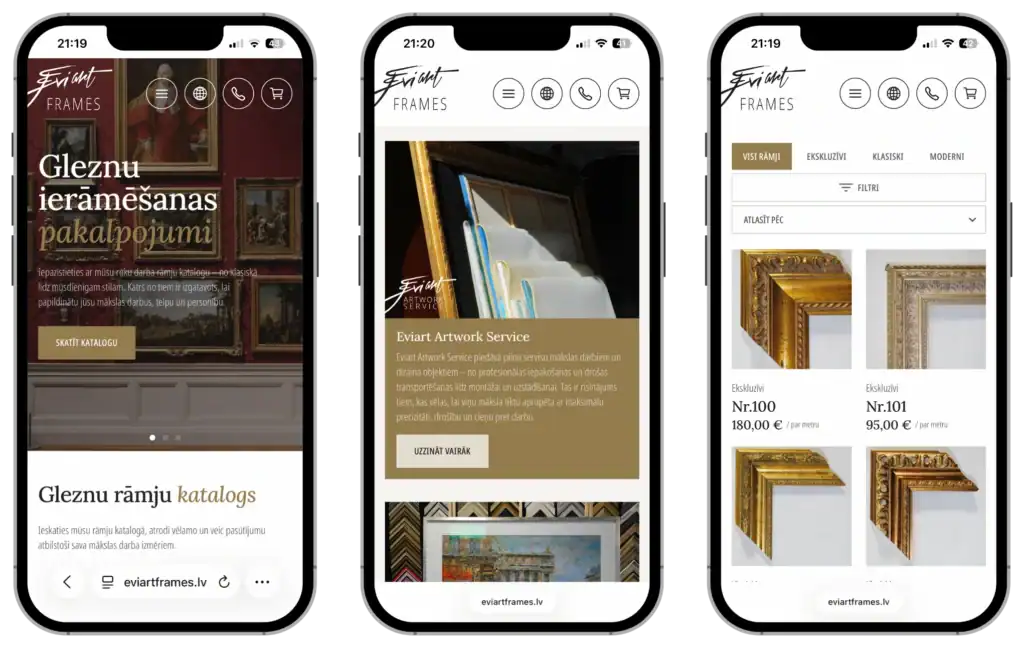 Eviart frames UI UX design Anpassad utveckling Strategi SEO-optimering quo build portfolio telefonvy