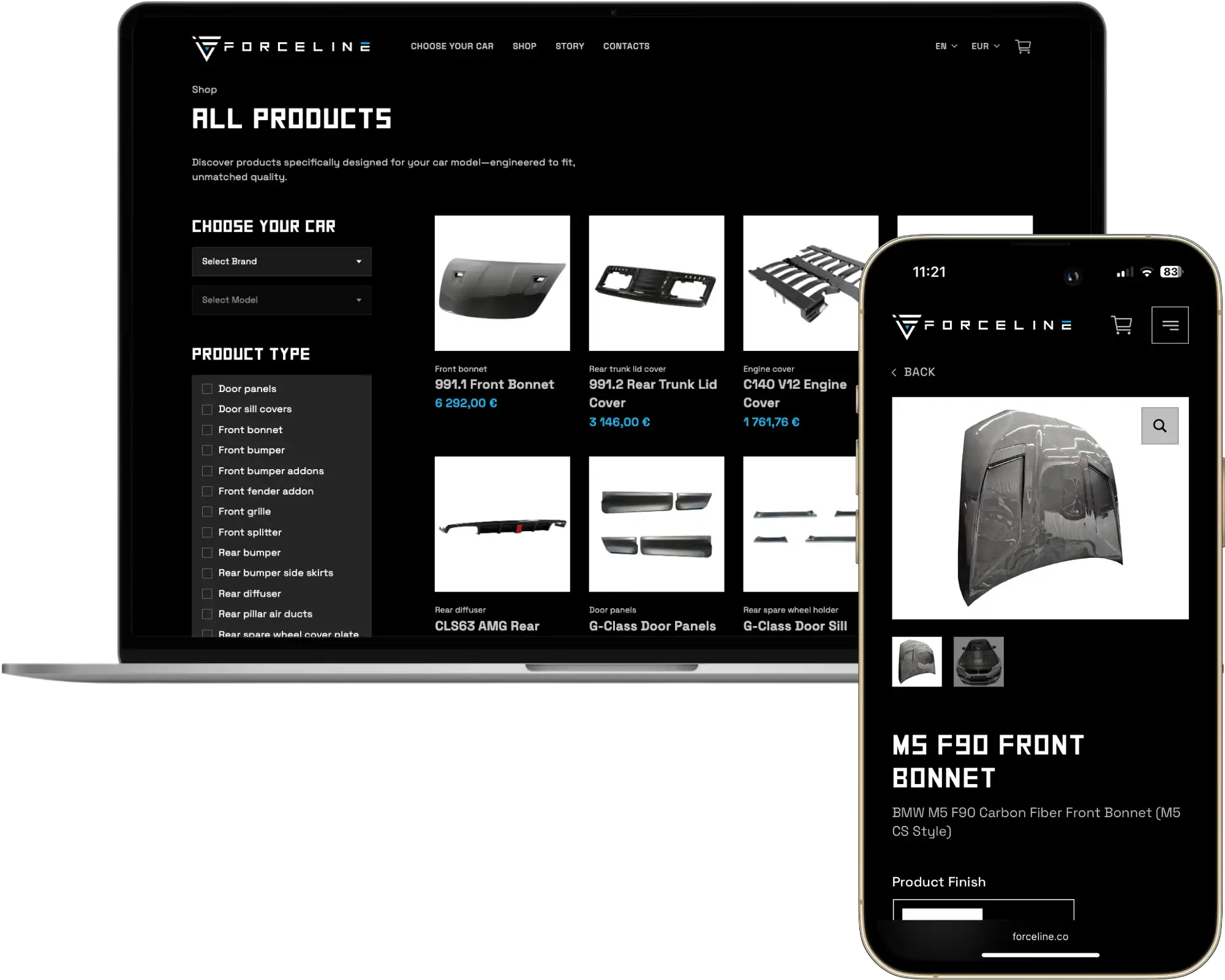Forceline UI UX design Anpassad webbutik SEO-optimering quo build portfolio desktop telefonvy