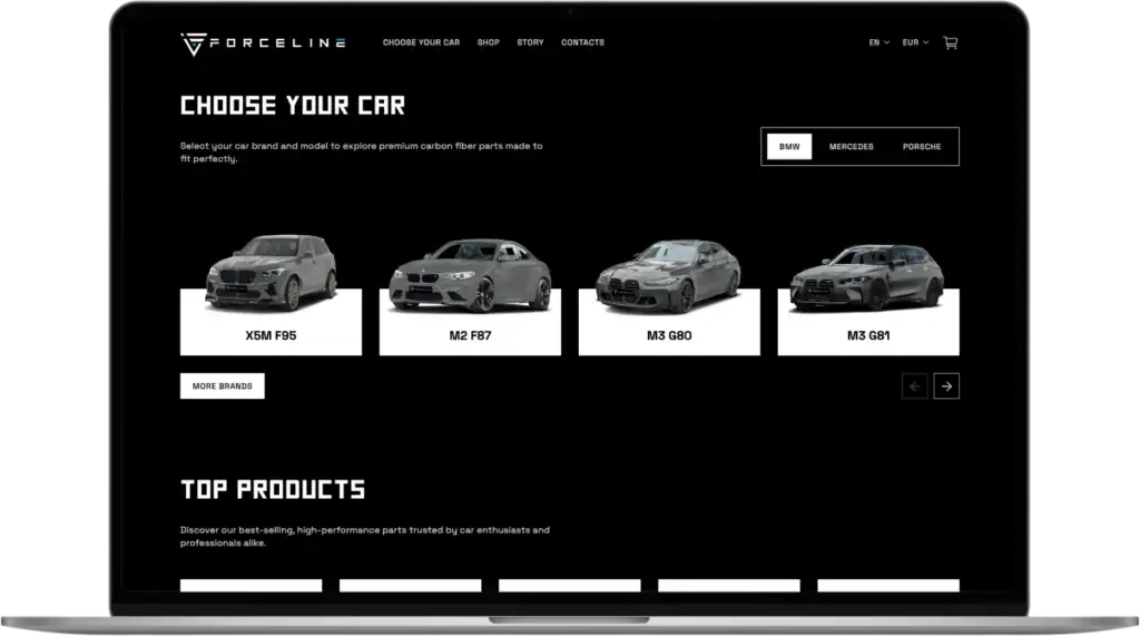 Forceline UI UX design Anpassad webbutik SEO-optimering quo build portfolio desktop view
