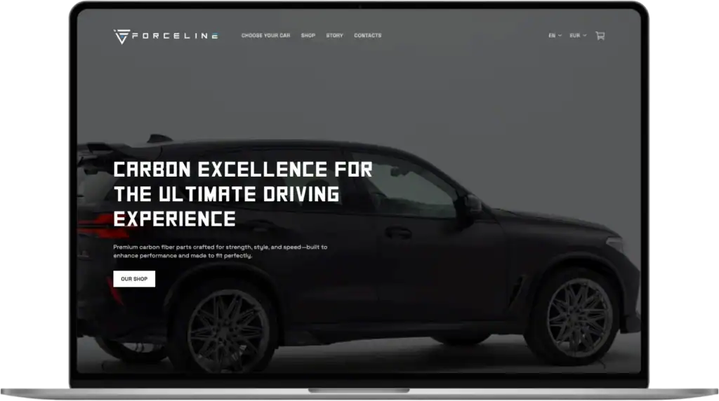 Forceline UI UX design Anpassad webbutik SEO-optimering quo build portfolio desktop view 2