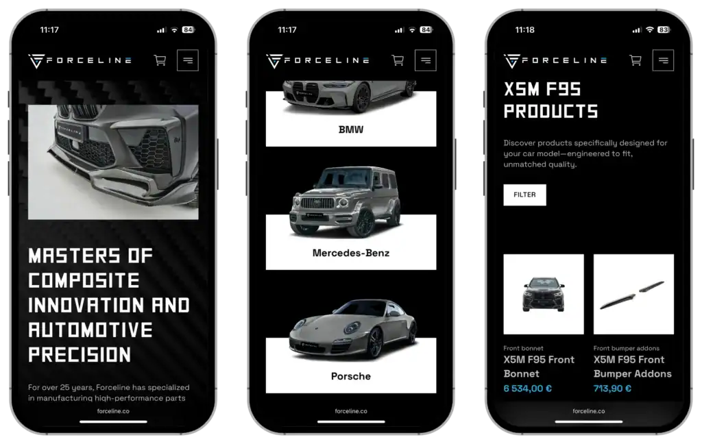 Forceline UI UX design Anpassad webbutik SEO-optimering quo build portfolio telefonvy