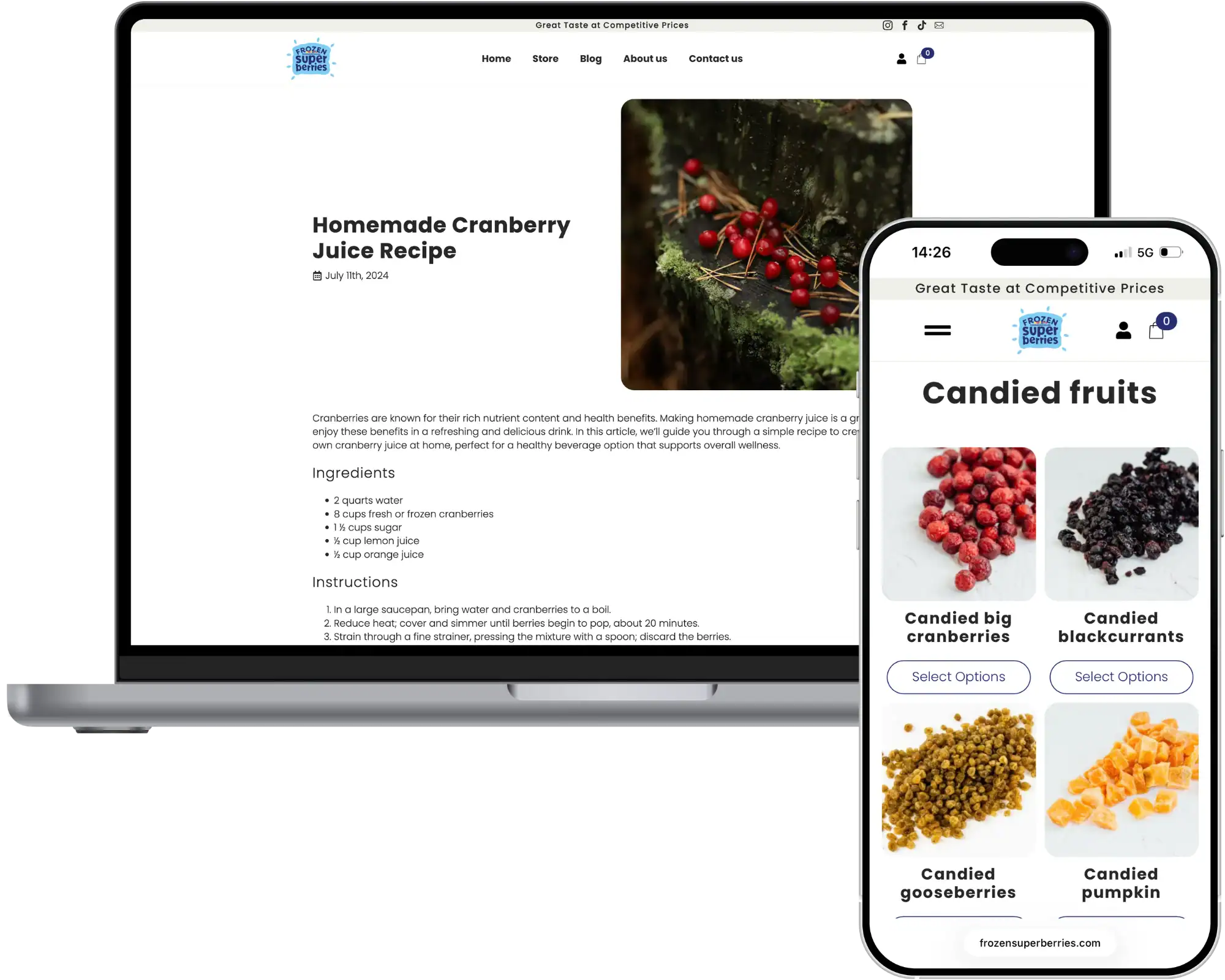 Frozensuperberries Utveckling av e-butik Webbplatsutveckling SEO-optimering UI UX-design quo build portfolio desktop phone view