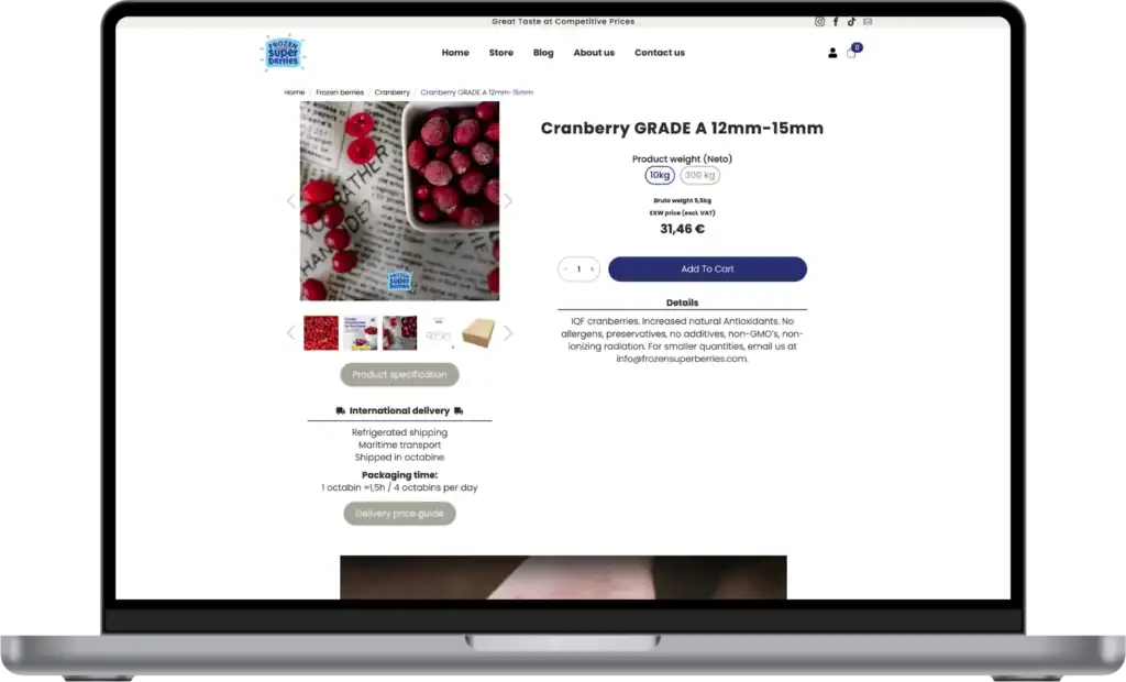 Frozensuperberries Utveckling av e-butik Webbplatsutveckling SEO-optimering UI UX-design quo build portfolio desktop view