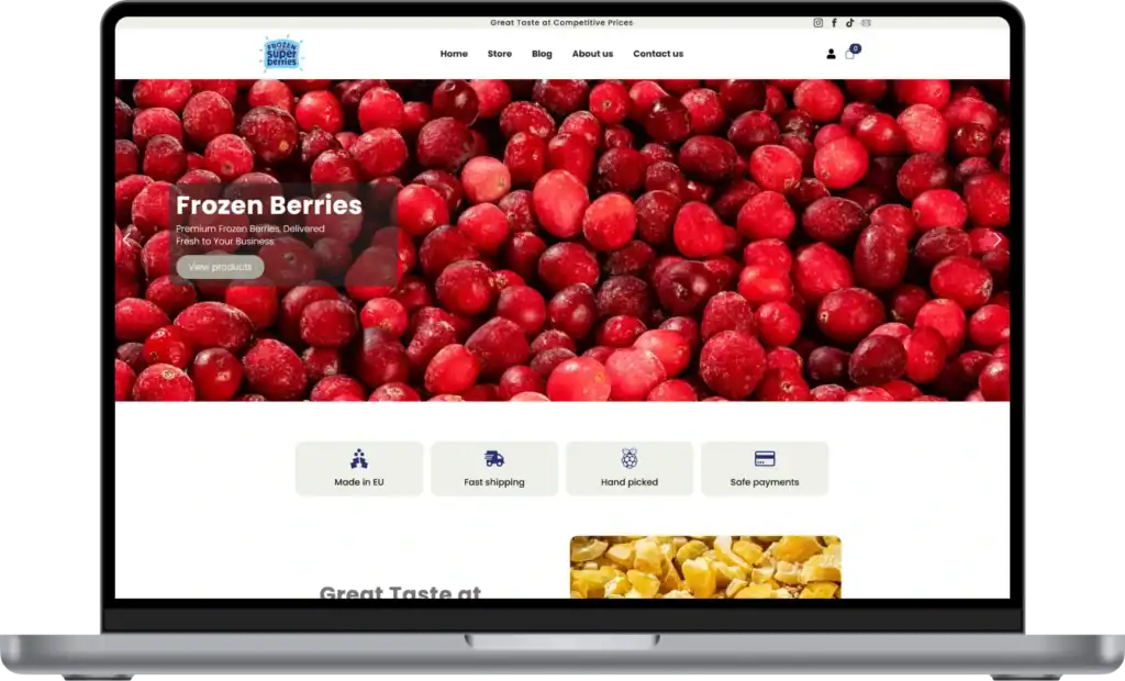 Frozensuperberries Utveckling av e-butik Webbplatsutveckling SEO-optimering UI UX-design quo build portfolio desktop view 2