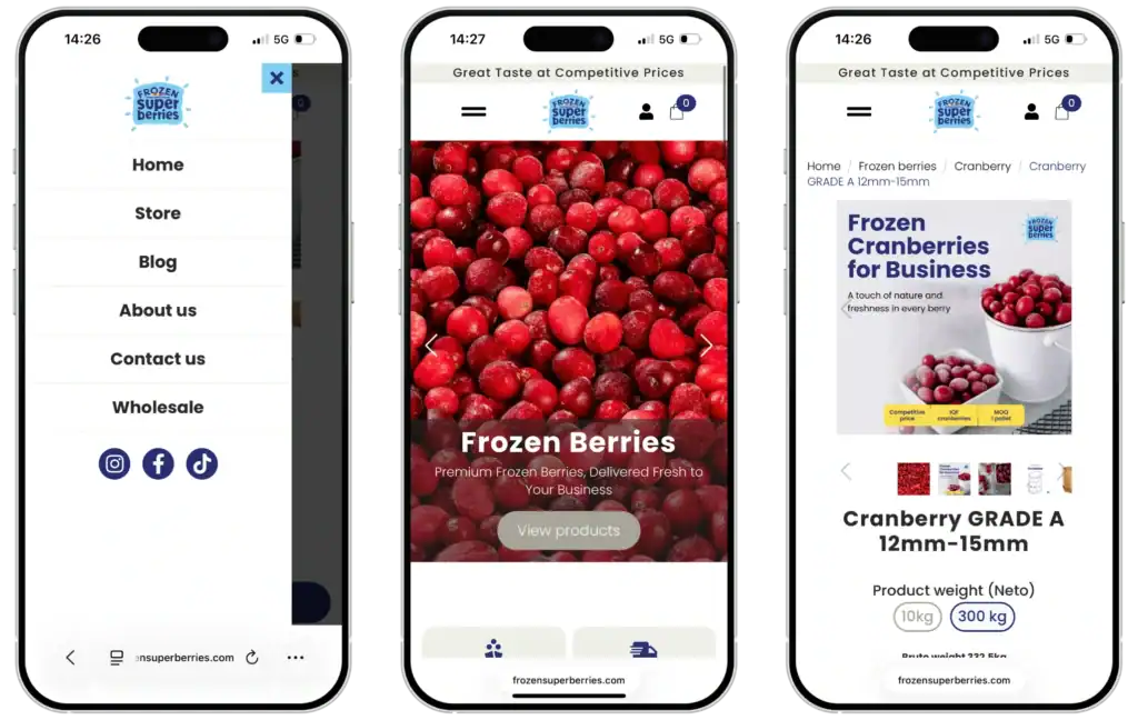 Frozensuperberries Utveckling av e-butik Webbplatsutveckling SEO-optimering UI UX-design quo build portfolio telefonvy