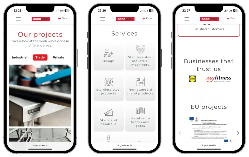Bra Stål Webbplatsutveckling UI UX design Strategiutveckling quo build portfölj mobil vy
