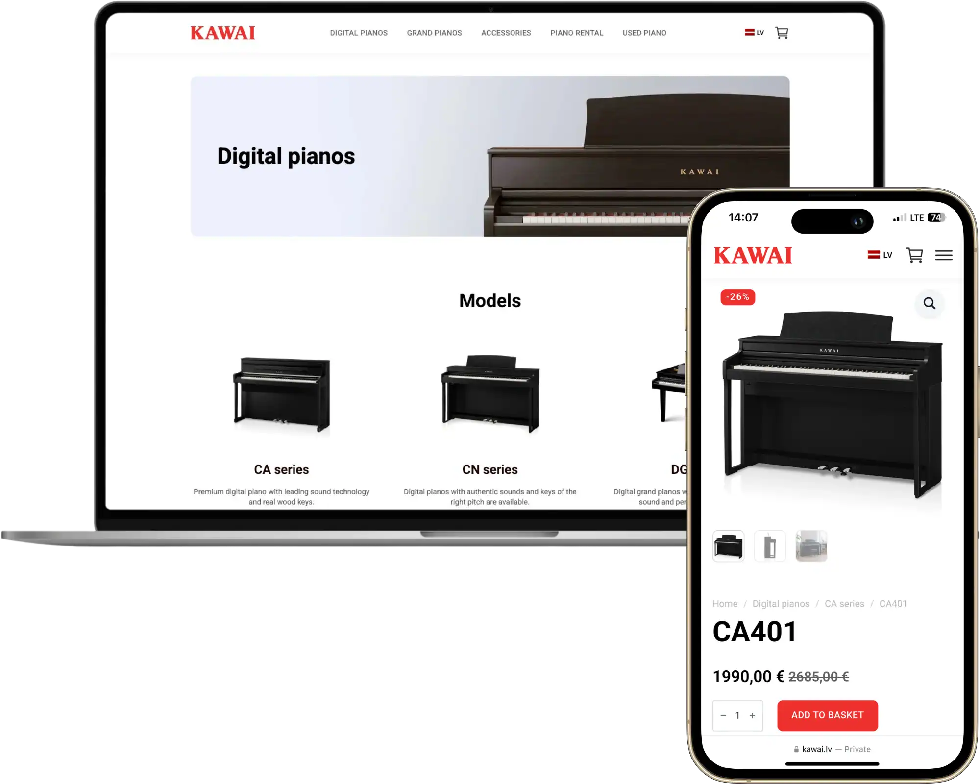 Kawai Lettland Utveckling av webbutik UI UX design Strategiutveckling quo build portfolio desktop telefonvy