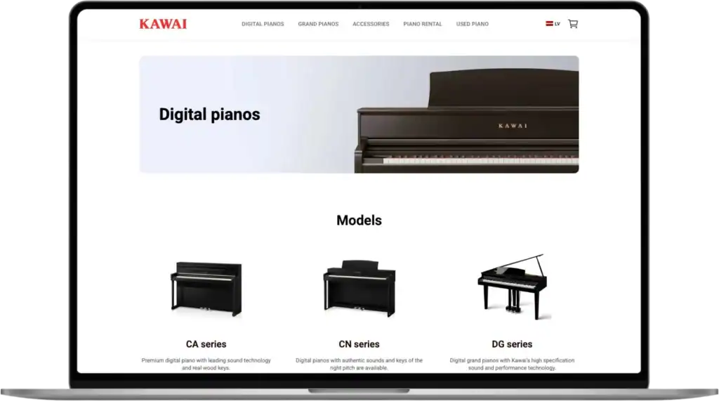 Kawai Lettland Utveckling av webbutik UI UX design Strategiutveckling quo build portfolio skrivbordsvy