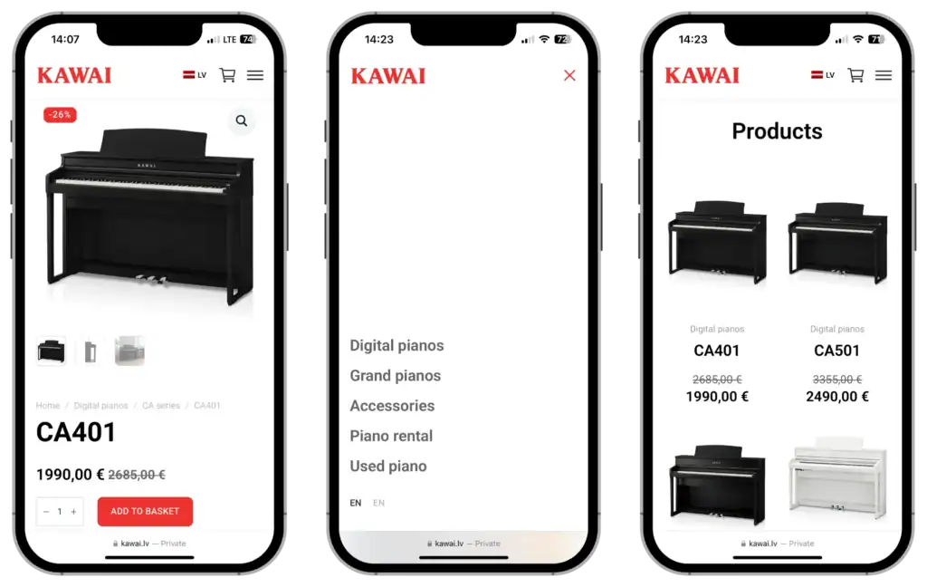 Kawai Lettland Utveckling av webbutik UI UX design Strategiutveckling quo build portfolio telefonvy