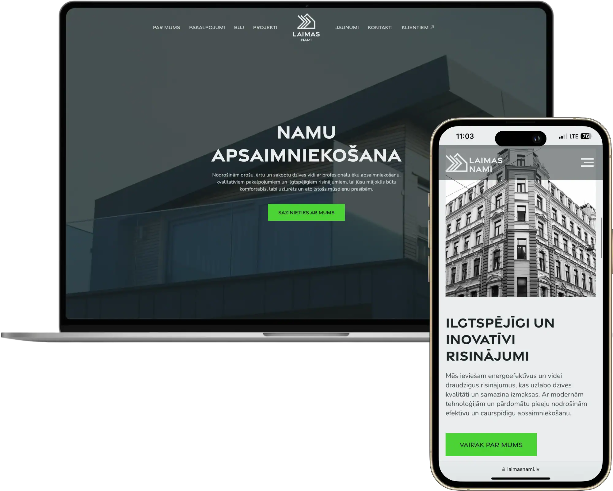 Laimas Nami Webbplatsutveckling UI UX design Anpassad struktur quo build portfolio desktop phone view