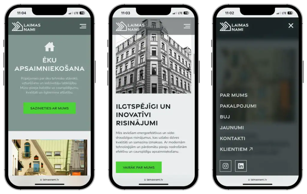 Laimas Nami Webbplatsutveckling UI UX design Anpassad struktur quo build portfolio telefonvy