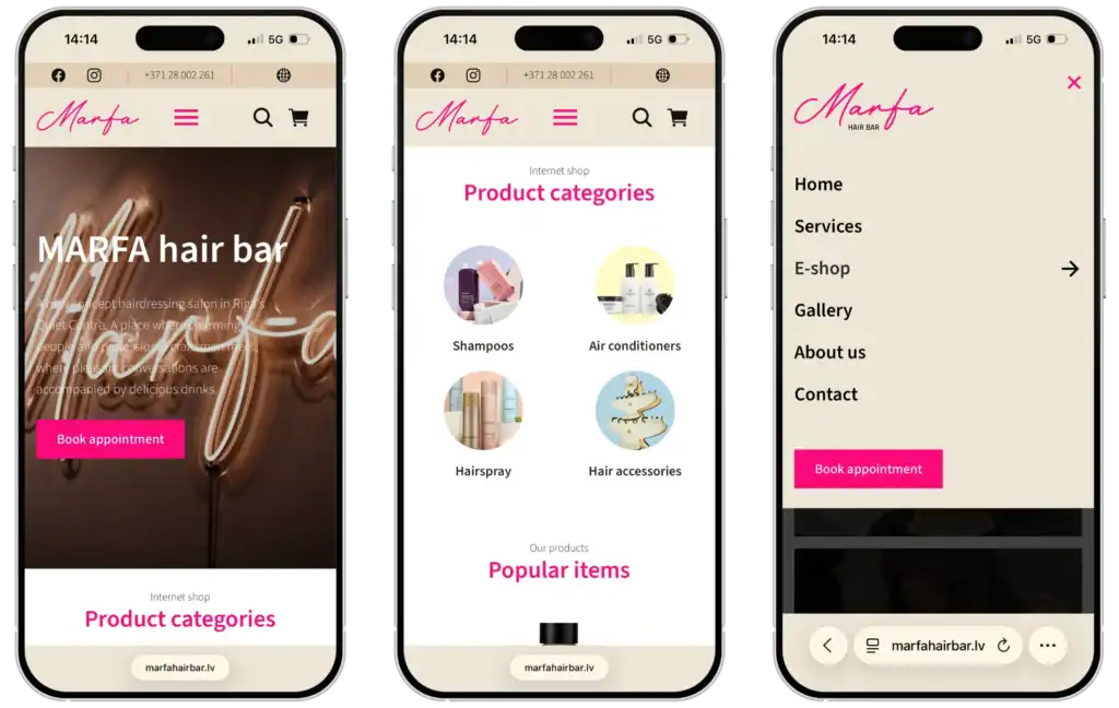 MARFA hårbar Webbplatsutveckling UI UX design Onlinebokningssystem quo build portfolio telefonvy