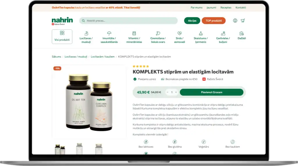 Nahrin E-butik utveckling UI UX design CRO strategi SEO optimering quo build portfolio desktop view