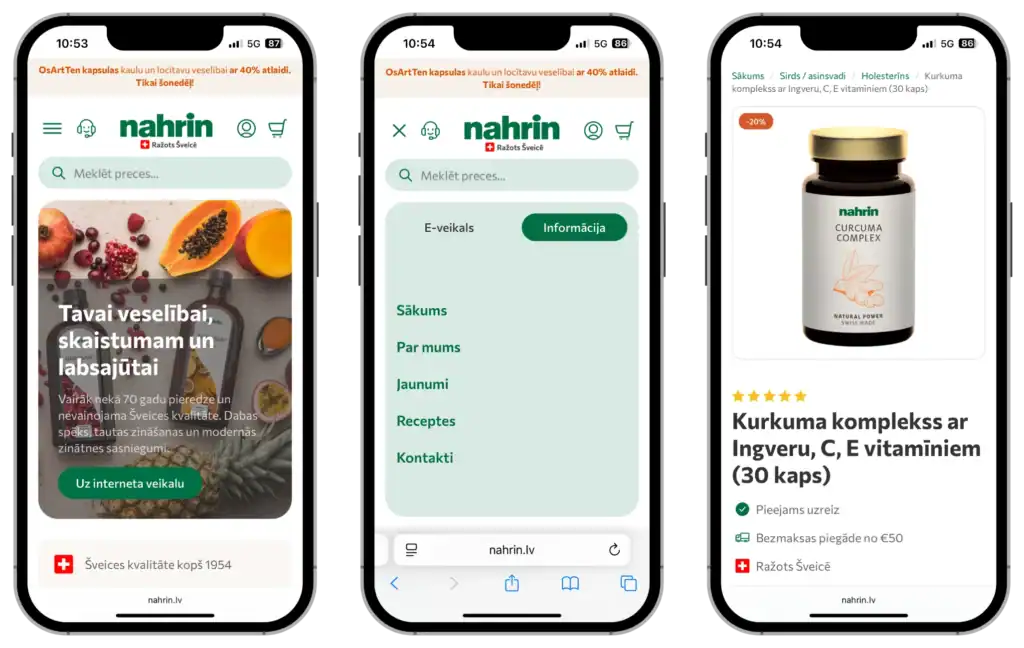 Nahrin E-butik utveckling UI UX design CRO strategi SEO optimering quo build portfölj telefonvy