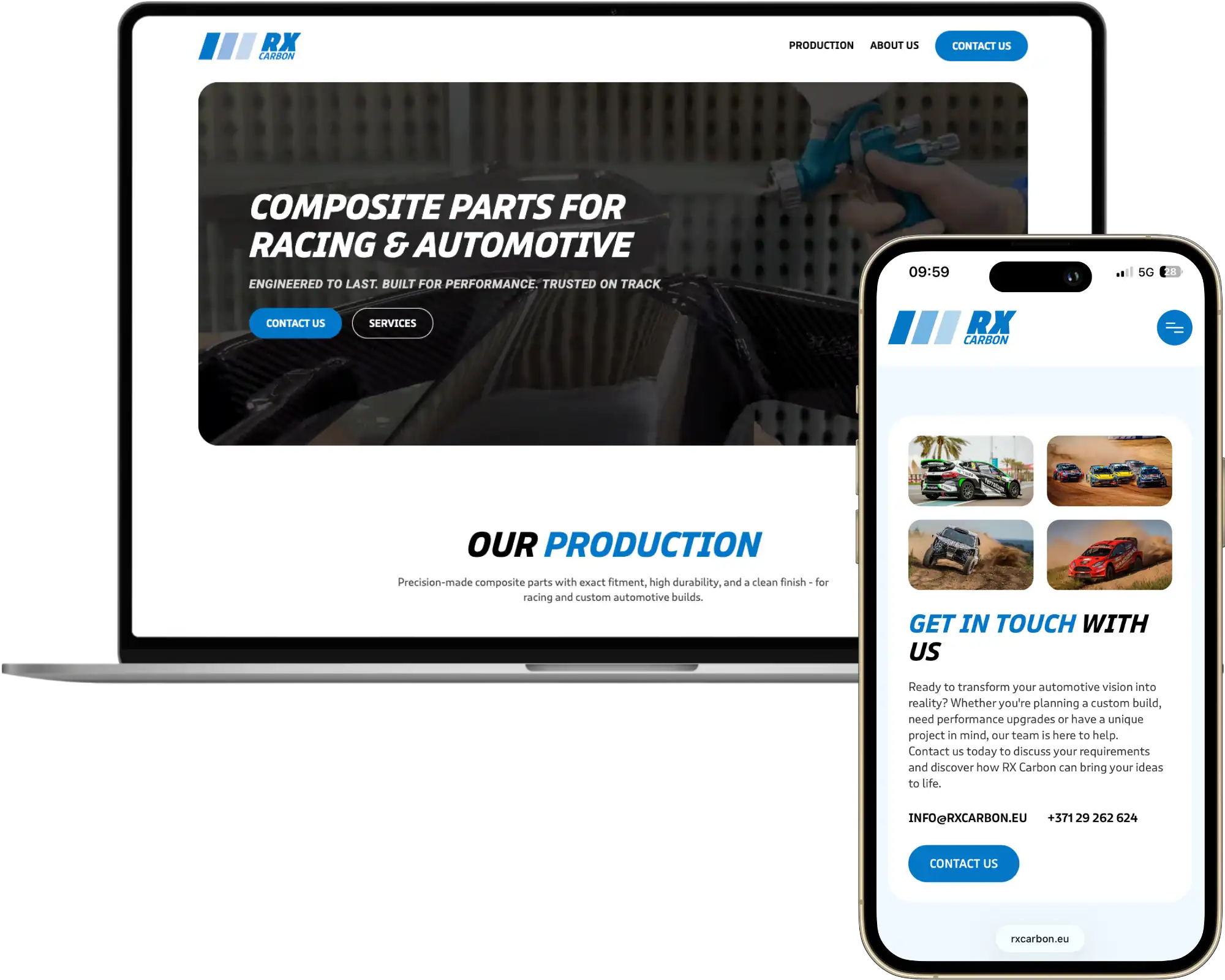 RX Carbon UI UX design Webbplatsutveckling SEO-optimering quo build portfolio desktop phone view