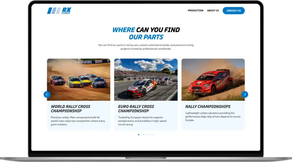 RX Carbon UI UX design Webbplatsutveckling SEO-optimering quo build portfolio desktop view