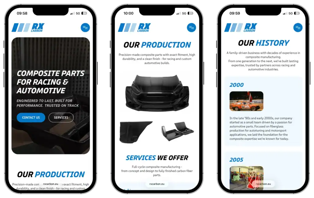 RX Carbon UI UX design Webbplatsutveckling SEO-optimering quo build portfolio telefonvy