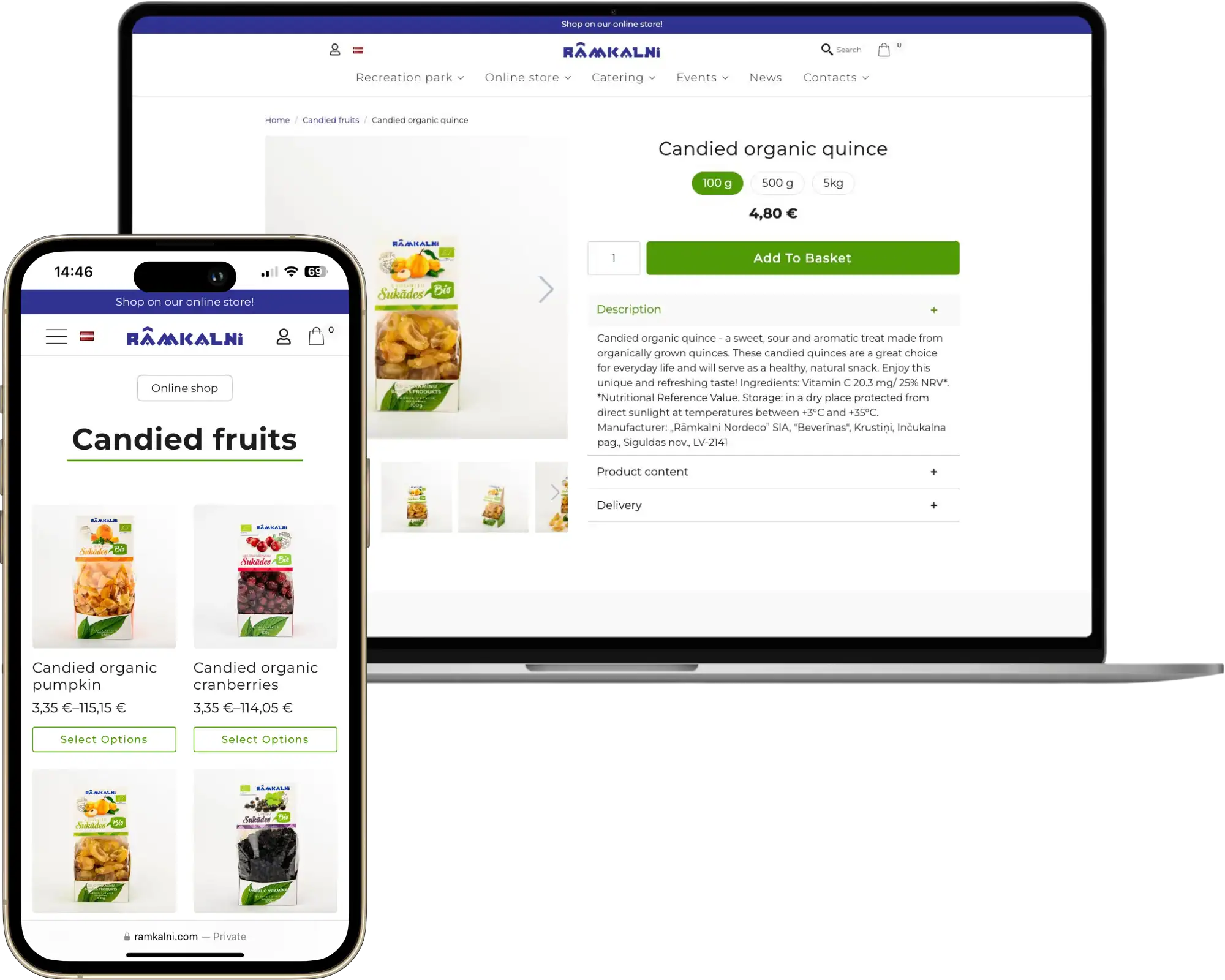 Rāmkalni Anpassad webbutik UI UX-design Anpassade integrationer quo build portfolio desktop phone view