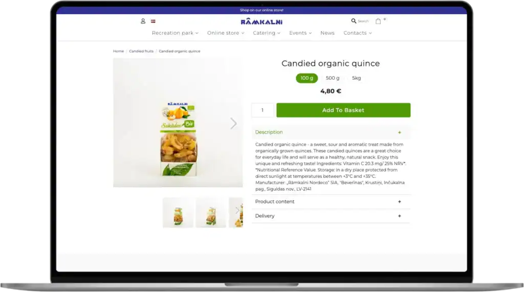 Rāmkalni Anpassad webbutik UI UX-design Anpassade integrationer quo build portfolio desktop view
