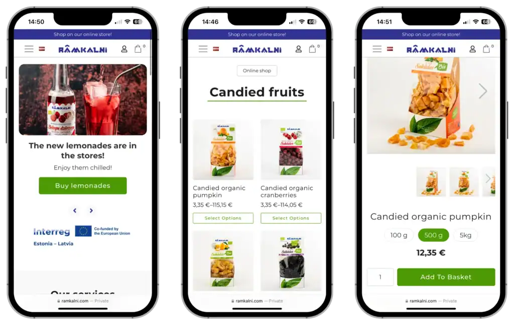 Rāmkalni Anpassad e-butik UI UX-design Anpassade integrationer quo build portfolio telefonvy
