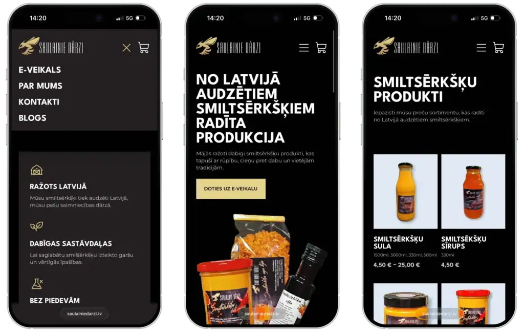Saulainie dārzi Utveckling av e-butik Webbplatsutveckling SEO-optimering UI UX-design quo build portfolio telefonvy