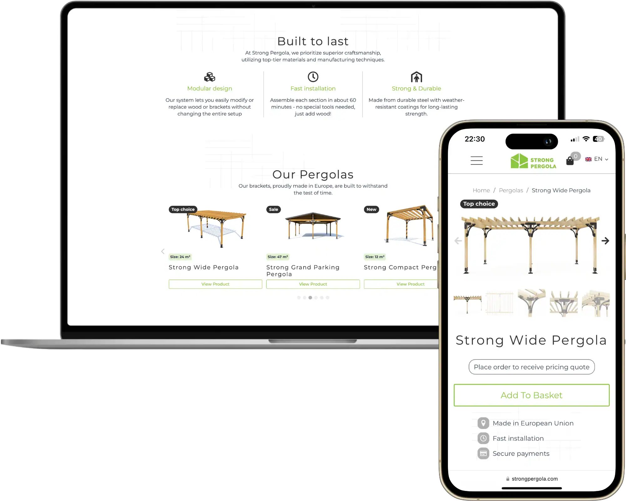 Strong Pergola UI UX design Webbplatsutveckling Strategiutveckling quo build portfolio desktop telefon visa