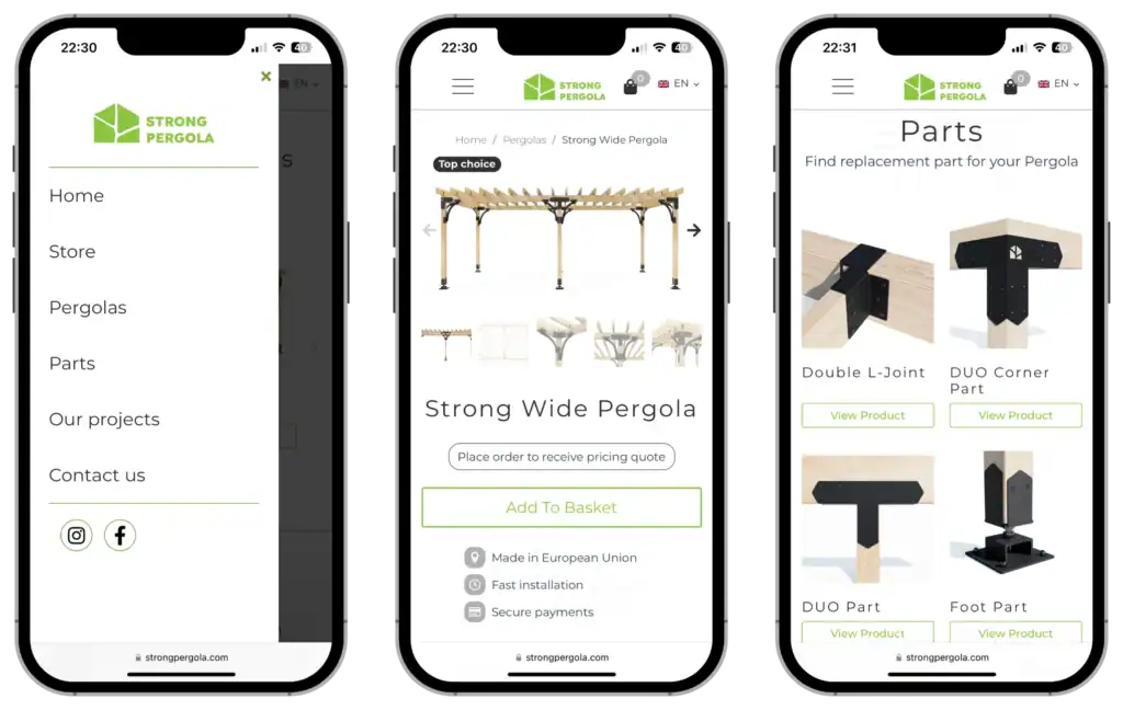 Strong Pergola UI UX design Webbplatsutveckling Strategiutveckling quo build portfolio telefon visa