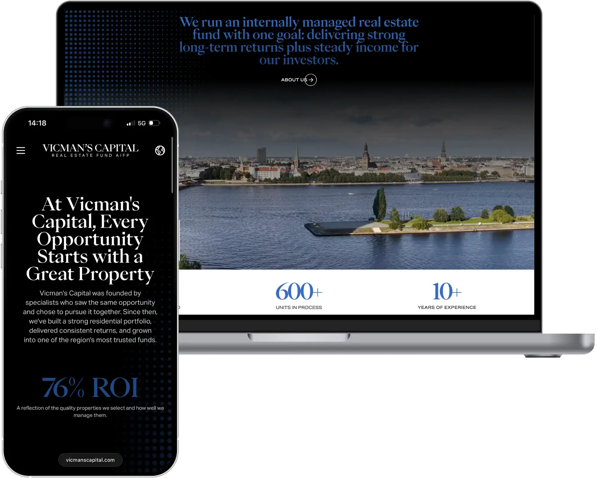 Vicmans Capital Webbplatsutveckling SEO-optimering UI UX design quo build portfolio desktop phone view