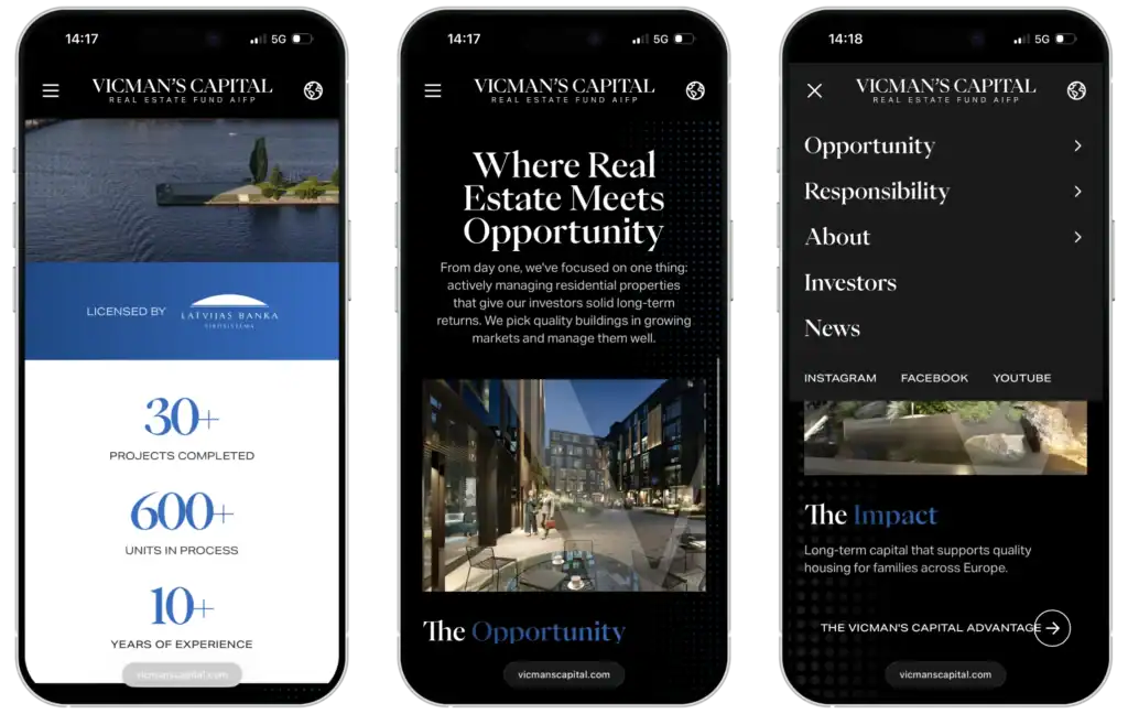 Vicmans Capital Webbplatsutveckling SEO-optimering UI UX-design quo build portfolio telefonvisning