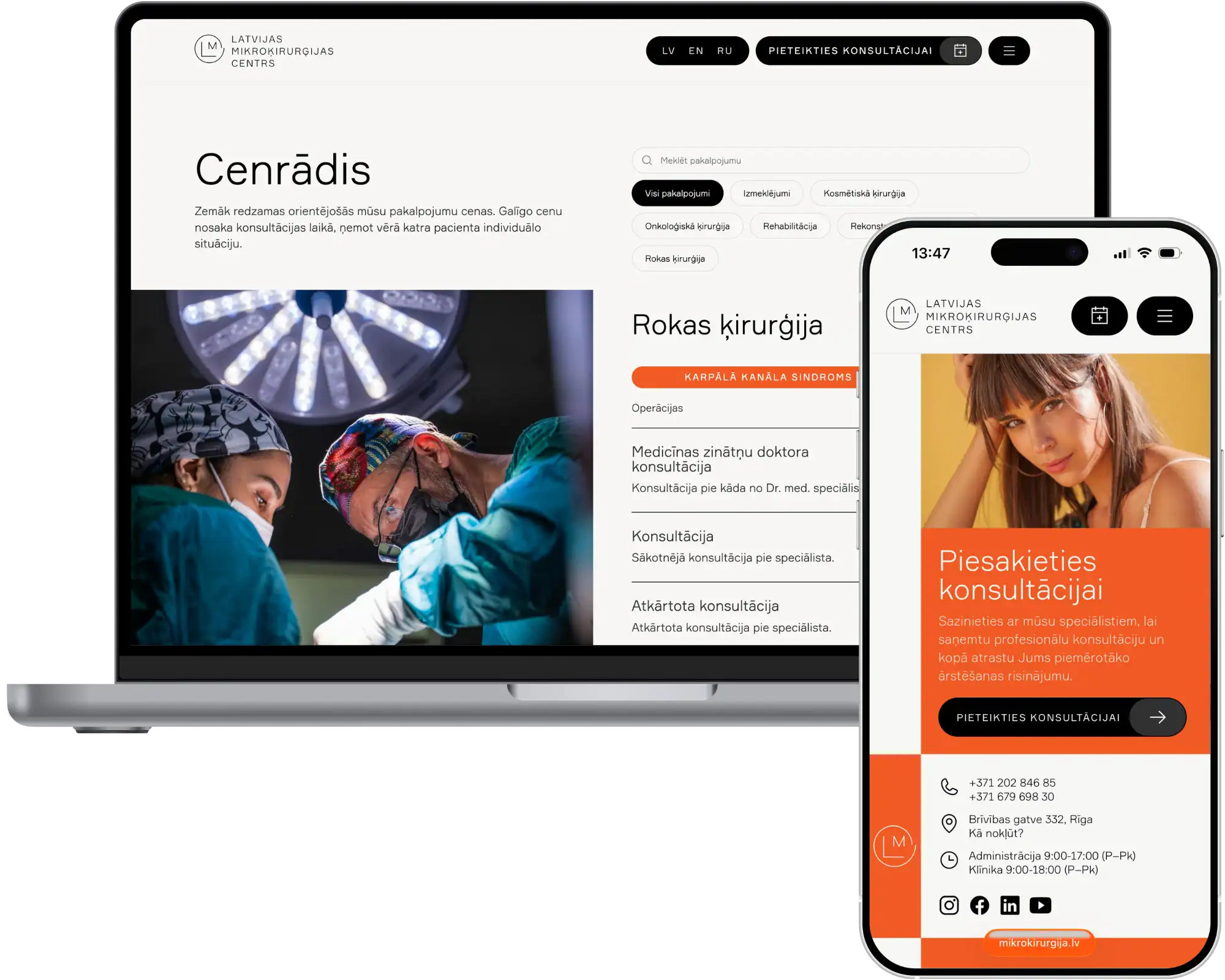 LMC Latvijas Mikroķirurģijas Centrs UI/UX-design Webbplatsutveckling SEO-migrering Skräddarsydda integrationer Quo Build-portfölj Visning på dator och mobil