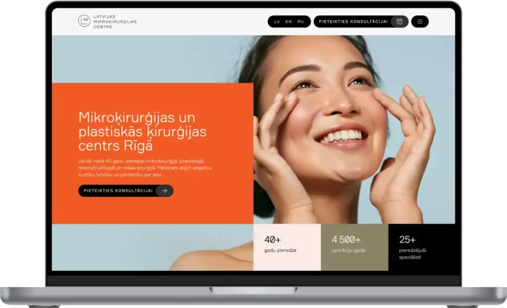 LMC Latvijas Mikroķirurģijas Centrs UI/UX-design Webbplatsutveckling SEO-migrering Skräddarsydda integrationer Quo Build-portfölj – skrivbordsvy