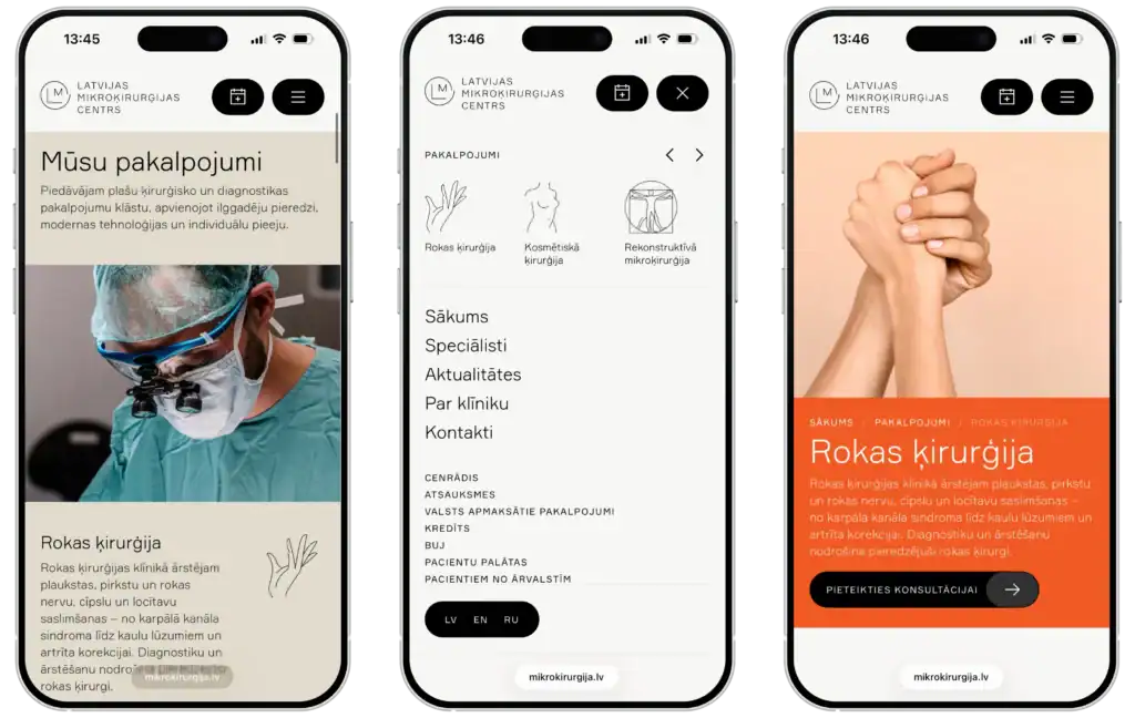 LMC Latvijas Mikroķirurģijas Centrs UI/UX-design Webbplatsutveckling SEO-migrering Skräddarsydda integrationer Quo Build-portfölj Mobilvy